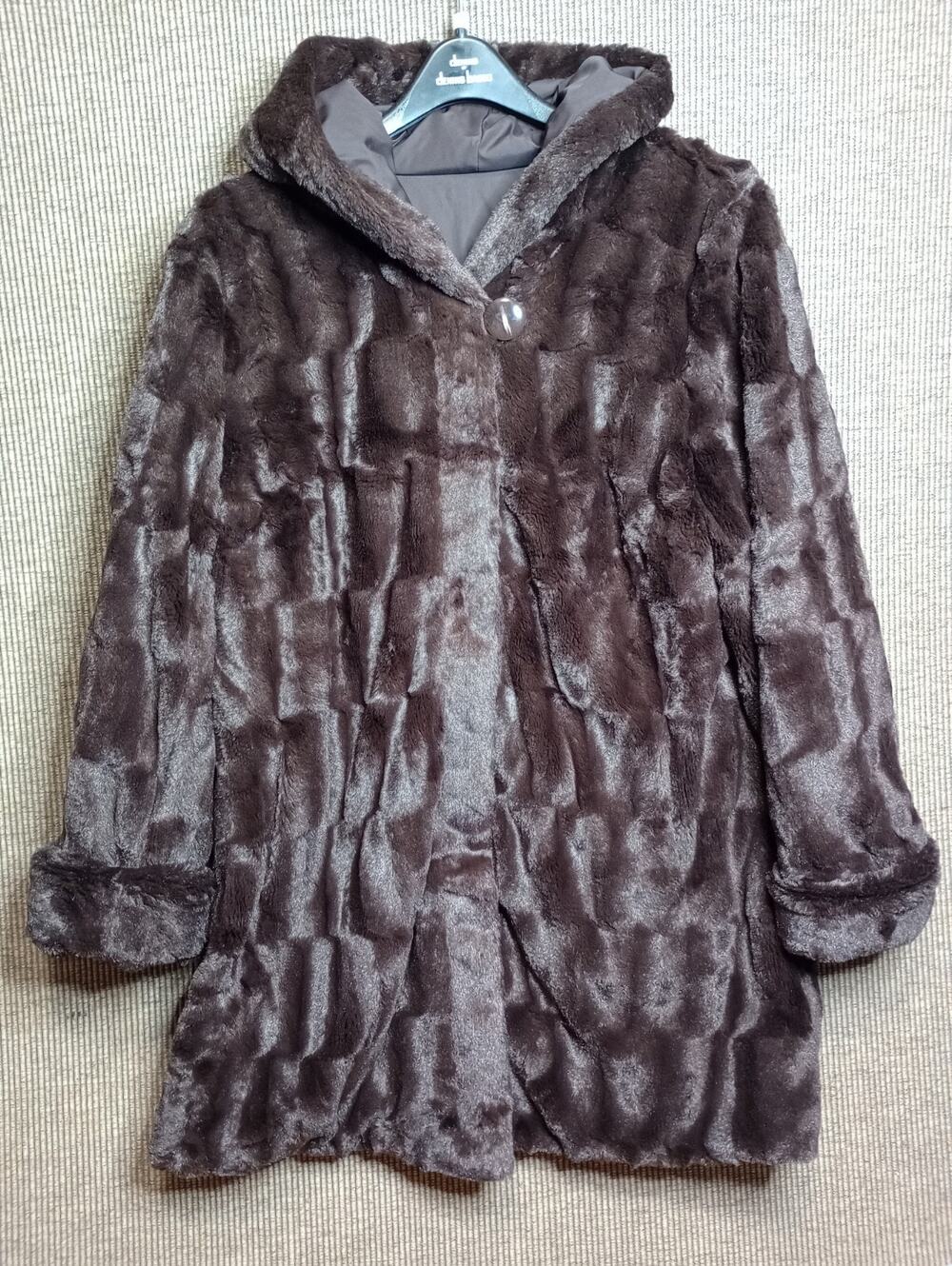 Dennis Basso Brown Faux Fur Coat Women Large Collared Mid-Length Winter Jacket